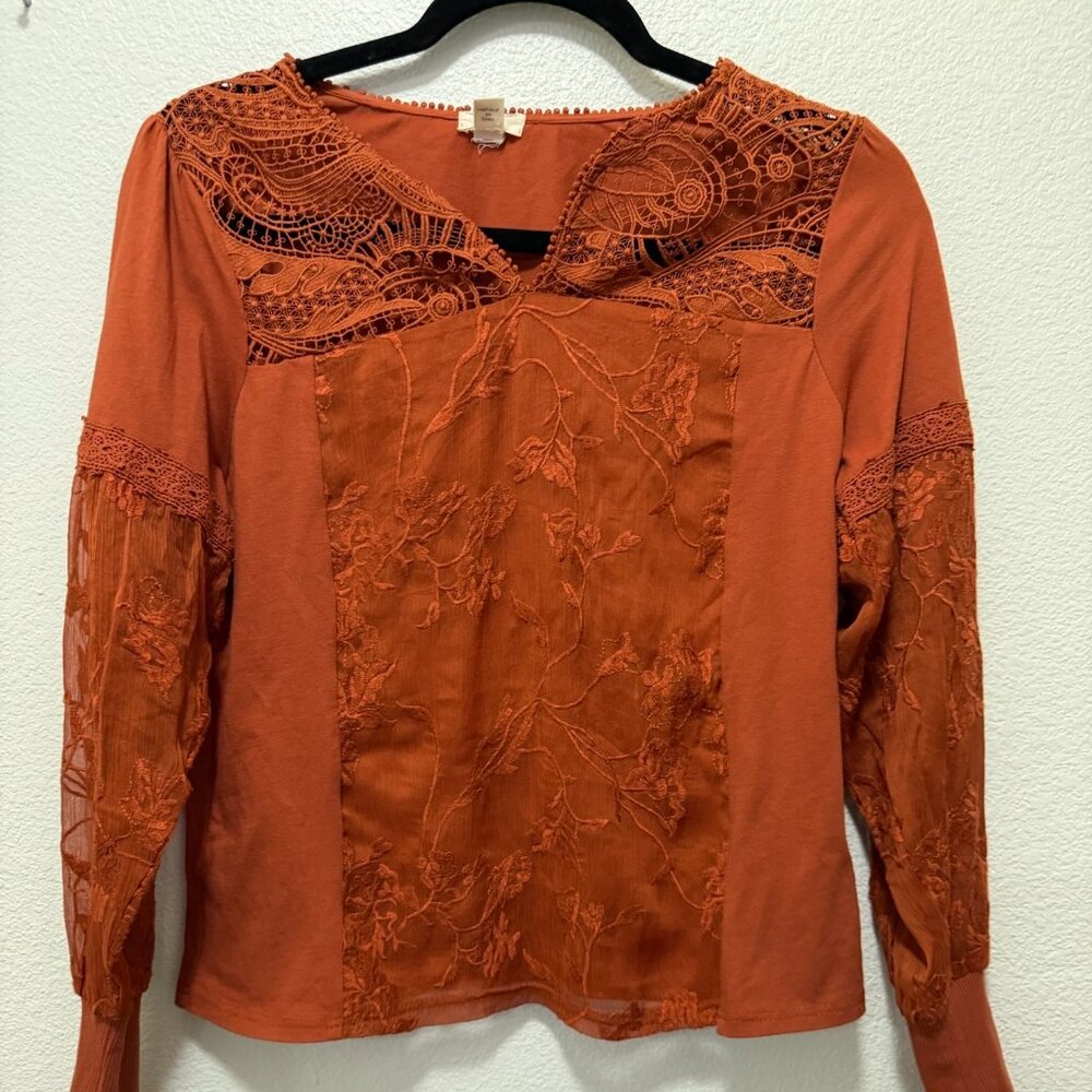 Tiny by Anthropologie orange blouse, sheer and crochet lace, lined, XSMALL